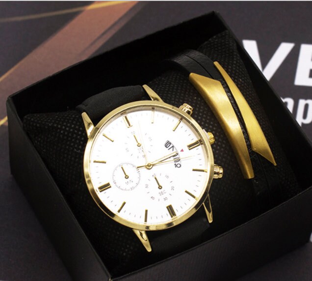 Men's Wrist Watch Set Quartz Vintage/ 1 year anniversary gift for boyfriend/father of the groom gift from son/50th birthday gift for men