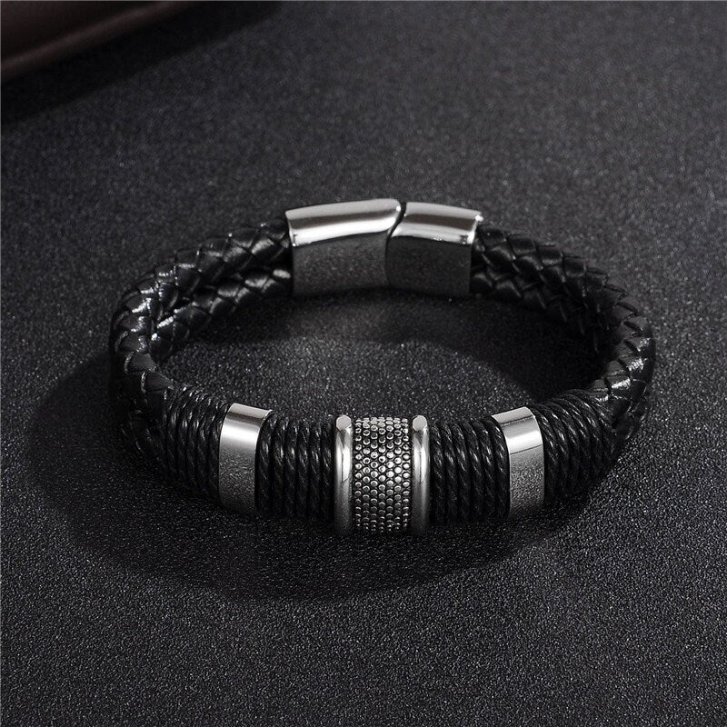 Black Braid Woven Leather Bracelet Titanium-Stainless-Men Bangle/Jewelry Gift Men Necklace Valentines Gift for him,Anniversary Gift, Brother