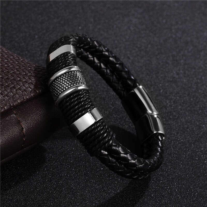 Black Braid Woven Leather Bracelet Titanium-Stainless-Men Bangle/Jewelry Gift Men Necklace Valentines Gift for him,Anniversary Gift, Brother