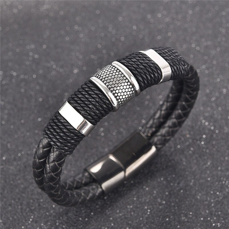 Black Braid Woven Leather Bracelet Titanium-Stainless-Men Bangle/Jewelry Gift Men Necklace Valentines Gift for him,Anniversary Gift, Brother