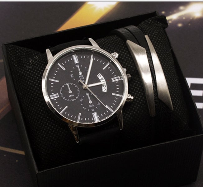 Men's Wrist Watch Set Quartz Vintage/ 1 year anniversary gift for boyfriend/father of the groom gift from son/50th birthday gift for men