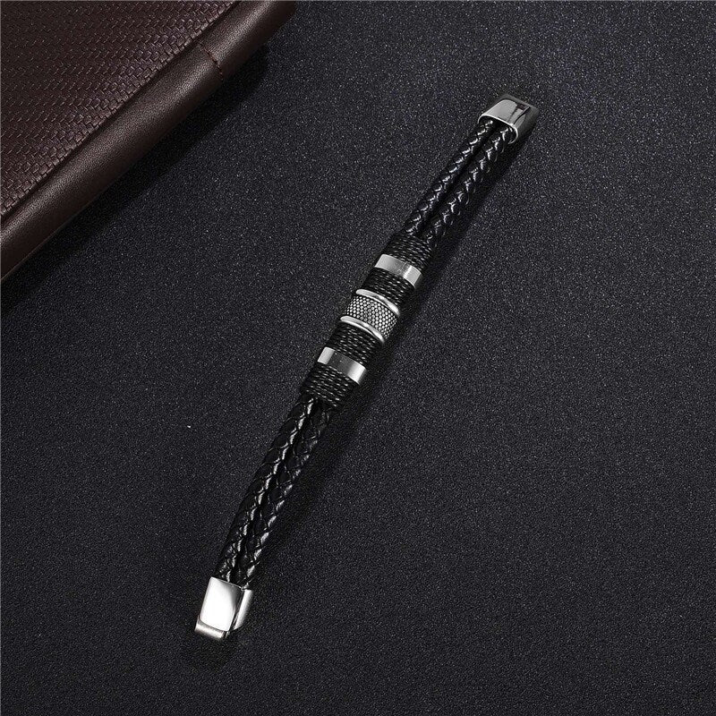 Black Braid Woven Leather Bracelet Titanium-Stainless-Men Bangle/Jewelry Gift Men Necklace Valentines Gift for him,Anniversary Gift, Brother