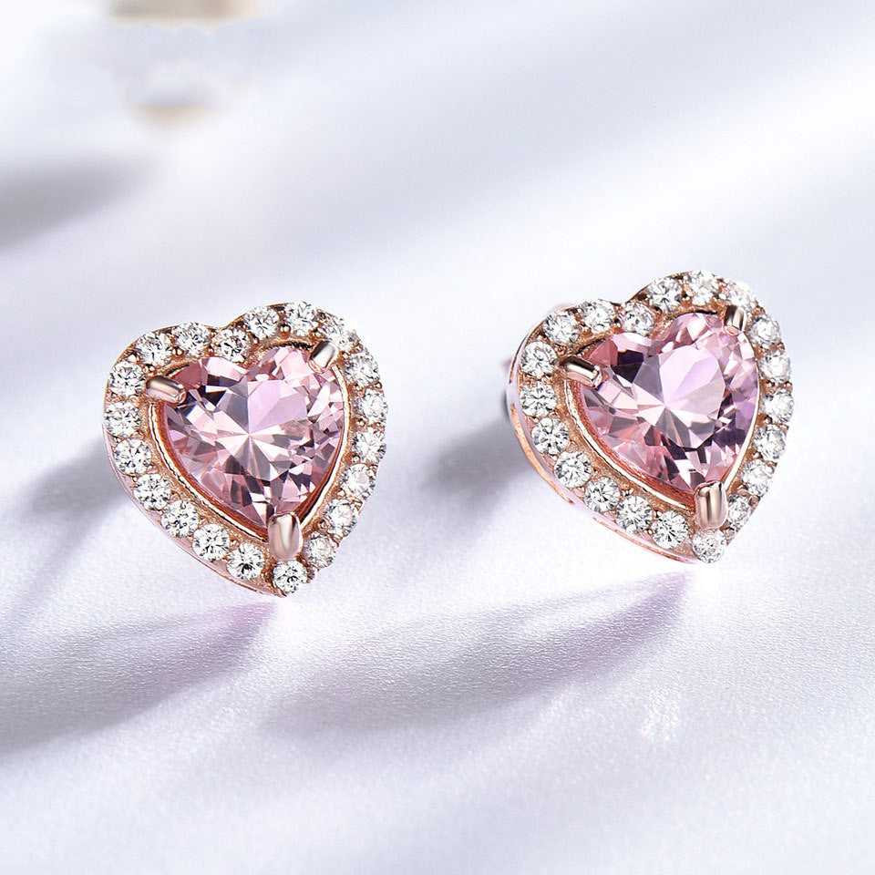 925 Silver Earrings Gemstone Heart Shaped Diamond Jewelry with Pink Morganite