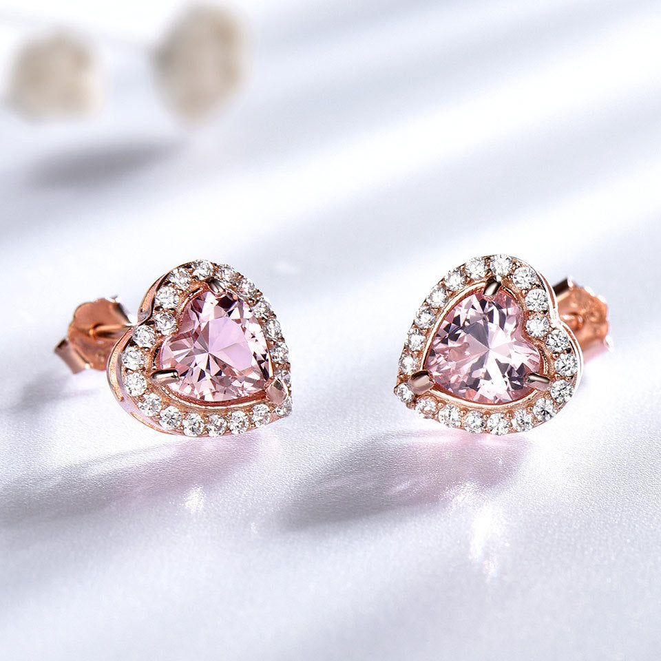925 Silver Earrings Gemstone Heart Shaped Diamond Jewelry with Pink Morganite