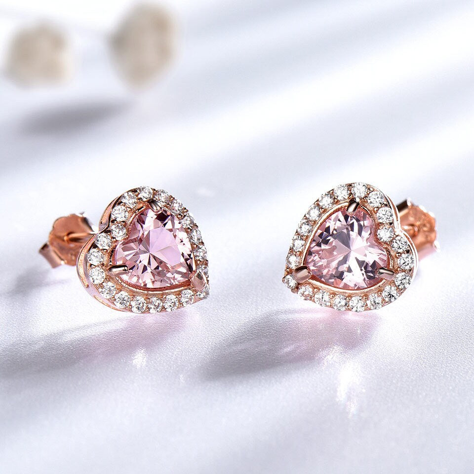 Earrings Gemstone Hear-shaped Diamond Jewelry with Pink Morganite [925 Silver]Valentines Gift, Anniversary, Sister gift, Daughter,Mother