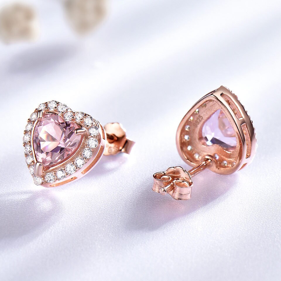 Earrings Gemstone Hear-shaped Diamond Jewelry with Pink Morganite [925 Silver]Valentines Gift, Anniversary, Sister gift, Daughter,Mother