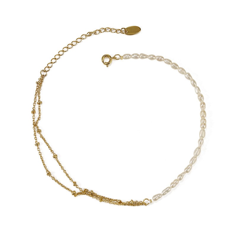 Fresh Water Pearl Anklet, Duo Bead chain Anklet, Real Pearl, Dainty Beaded Bracelet, Natural Pearl Charm, Valentines gift, Gifts for her