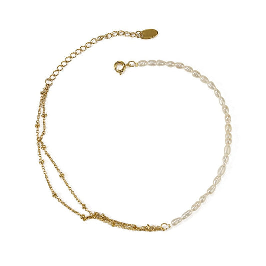 Fresh Water Pearl Anklet, Duo Bead chain Anklet, Real Pearl, Dainty Beaded Bracelet, Natural Pearl Charm, Valentines gift, Gifts for her